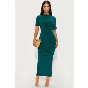 Keep Calling Ruched Maxi Dress - Hunter